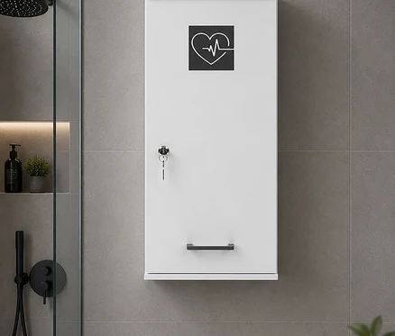 Ein weißer, wandmontierter Schrank mit Herz- und EKG-Symbol, einem Schlüssel im Schloss und einem schwarzen Griff, in einem modernen Badezimmer mit grauen Fliesen. Links sind ein schwarzer Duschkopf und Armaturen hinter einer Glaswand zu sehen, zusammen mit einem schwarzen Seifenspender und einer kleinen Pflanze auf einem Regal.