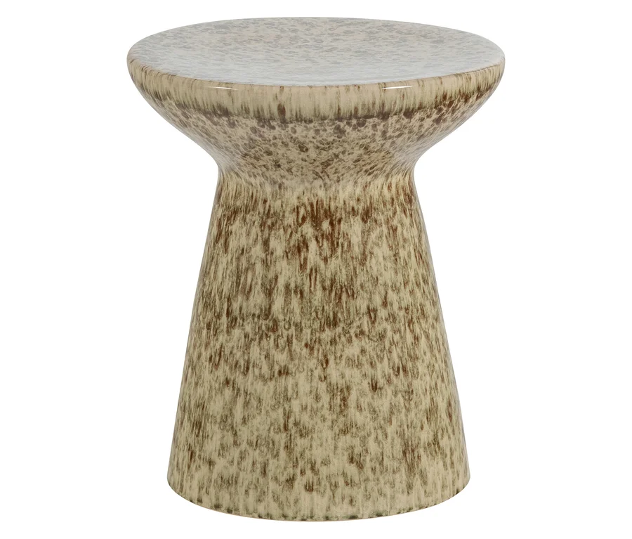 Keramik-Hocker mit runder Platte, schmaler Mitte und breiter Basis, in gesprenkelter Beige-Braun-Glasur.