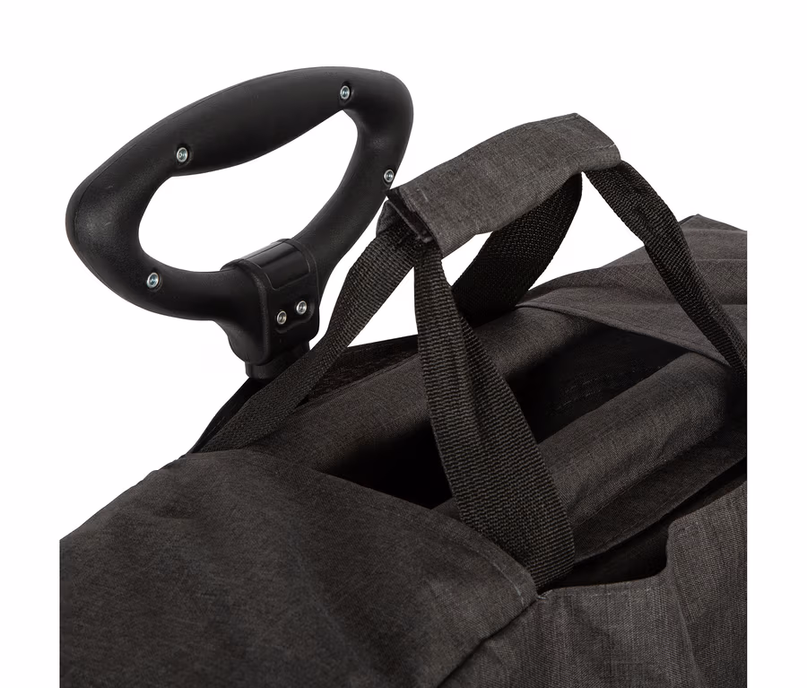 Detailansicht des Griffs und der Oberseite eines zusammenklappbaren small foot Bollerwagens mit schwarzem Stoff.