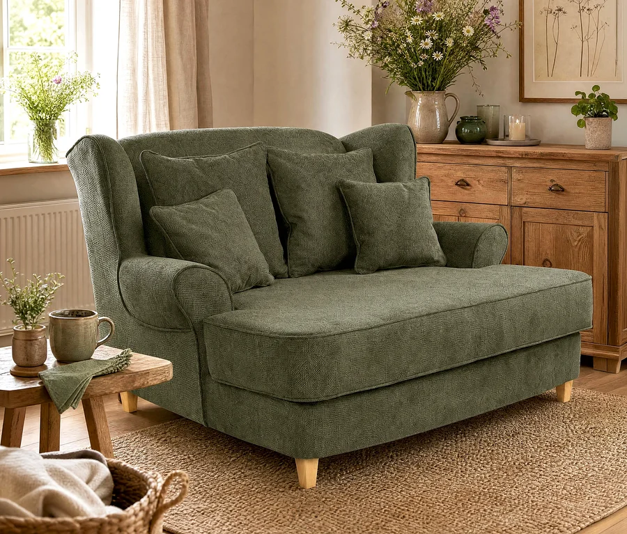 Ein olivgrüner Sessel mit Chaiselongue-Funktion und vier Kissen steht auf einem Jute-Teppich in einem gemütlichen Wohnzimmer. Daneben ein Holztisch mit Tasse und Servietten.