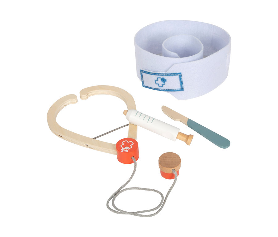 small foot Notarzttasche: Spielzeug-Arztset mit weißer Filz-Krankenschwesterhaube, Holz-Stethoskop, Spritze und Skalpell.