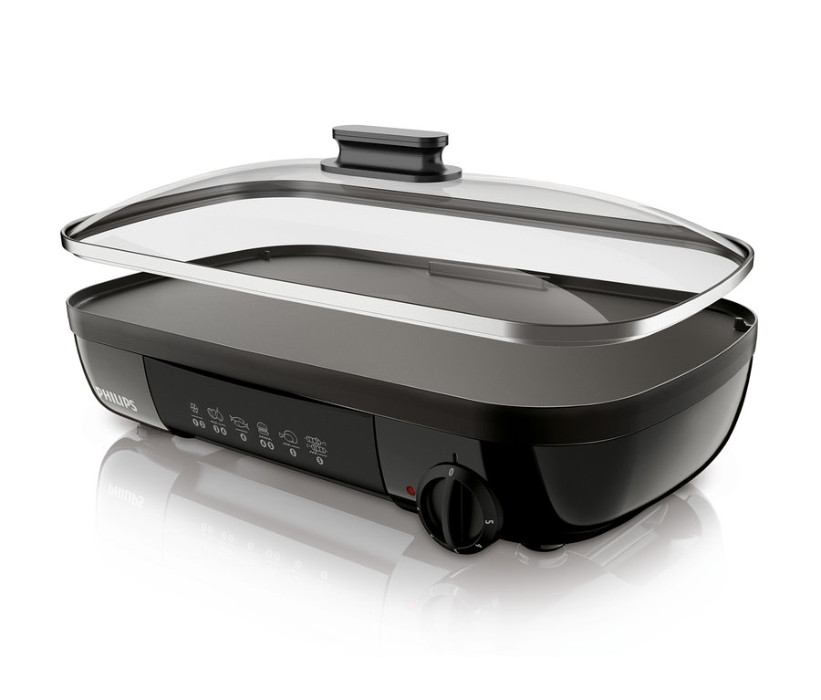 Schwarzer Philips-Tischgrill HD6323/20 mit transparentem Glasdeckel.