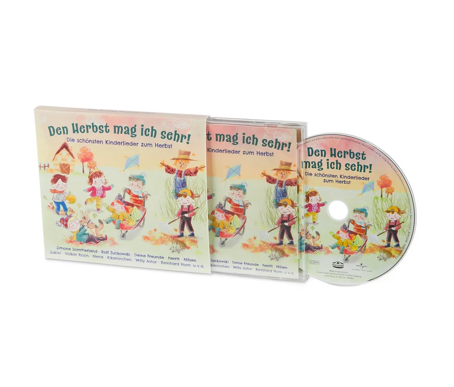 Ein CD-Cover und zwei CDs mit gezeichneten Bildern von Kindern und herbstlichen Motiven. CD »Den Herbst mag ich sehr!«