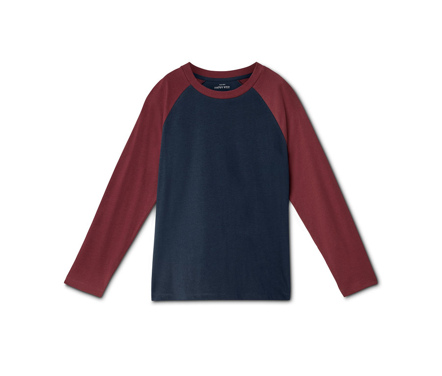 Langärmliges Raglan-Shirt mit dunkelblauem Rumpf und weinroten Ärmeln, mit einem kleinen „HAPPY KIDS“-Etikett am Kragen.