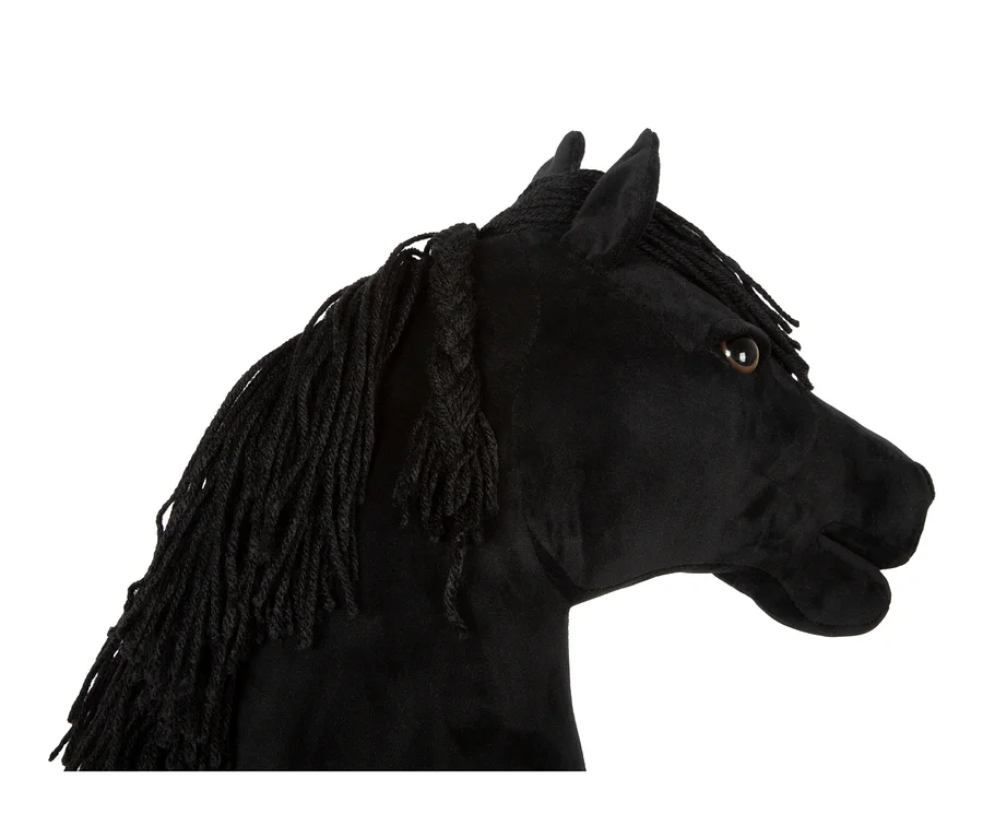 Kopf des schwarzen small foot Hobby-Horse »Melodie« mit geflochtener schwarzer Mähne und braunen Augen.