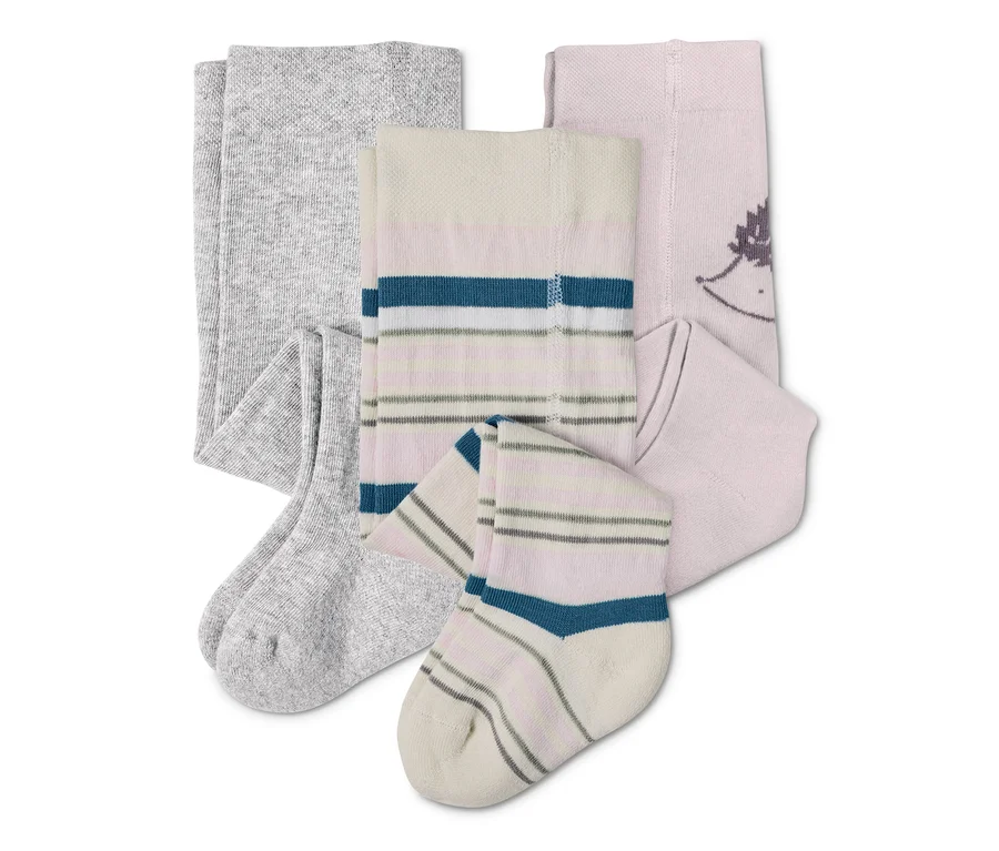 Drei Strumpfhosen: grau gerippt, creme mit blauen und rosa Streifen und rosa mit Igel-Print.