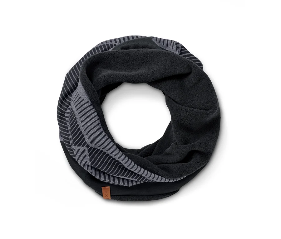 Ein Thermo-Fleecekragen in Schwarz mit einem grau gemusterten Rand.