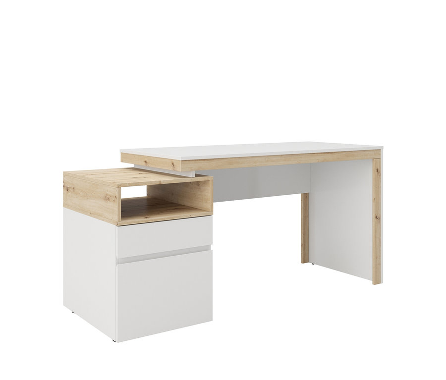 Weißer Schreibtisch mit hellbraunem Holzrahmen und Schubladen.