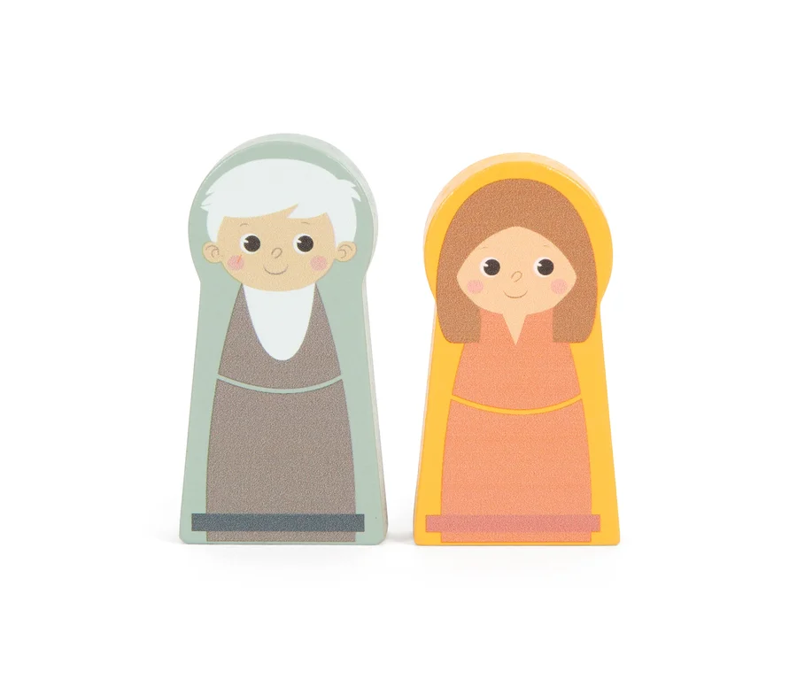 Zwei Holzfiguren, ein Mann und eine Frau, aus dem Spielzeug small foot Steckspiel »Arche Noah Safari«.