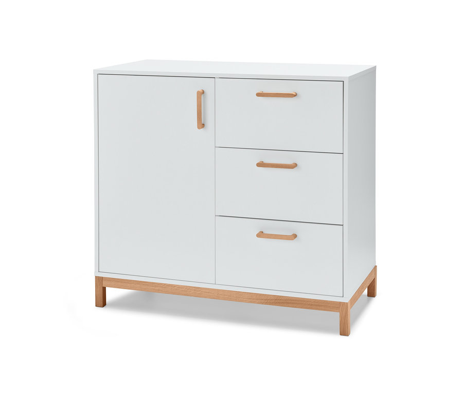 Weisse 2-in-1: Kommode und Kleiderschrank mit Holzgriffen.