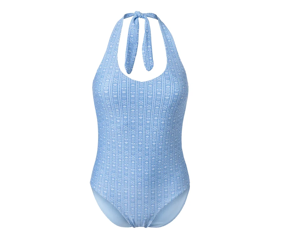 Blauer Badeanzug mit recyceltem Material und geometrischem Muster.