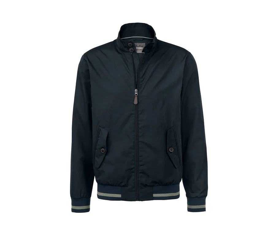 Marineblauer Blouson mit Reißverschluss, Taschen und gestreiftem Saum.