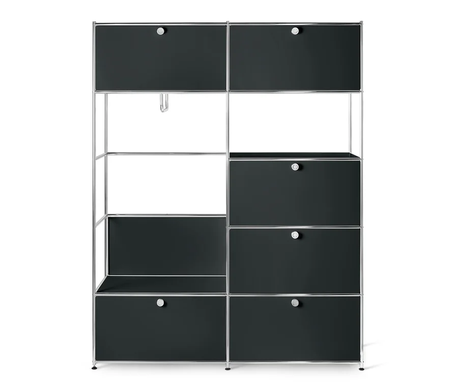 Schwarzer Systemschrank Metall »CN3« mit Regalen und Schubladen.