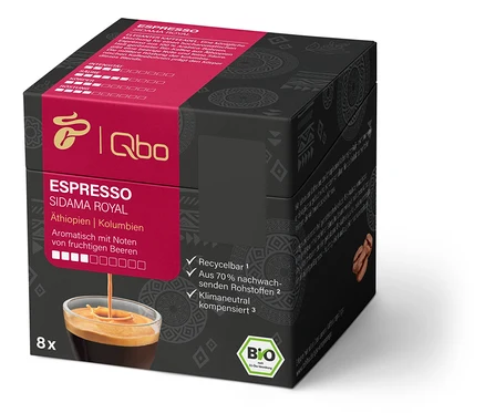 Eine Packung Qbo Espresso SIDAMA ROYAL mit acht Kapseln. Beschreibung von Kaffee und eine Tasse Kaffee.