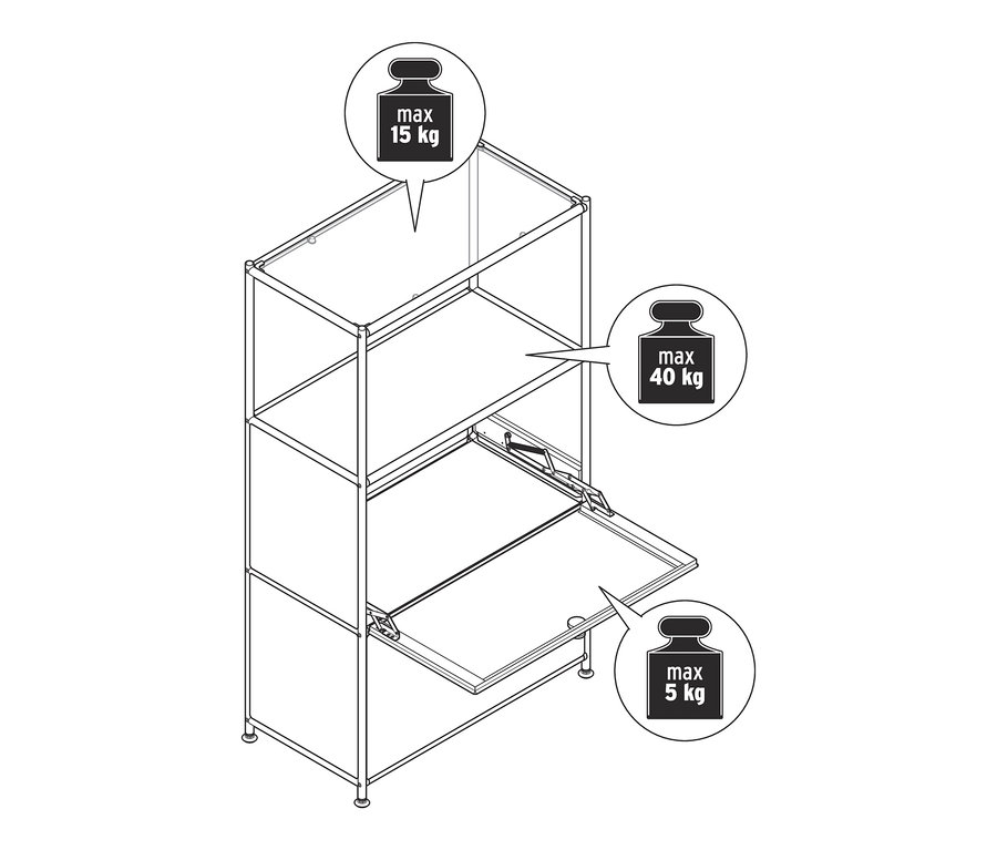 Eine Skizze einer Kommode Metall »CN3« mit zwei Klappenfächern. Die maximale Belastung für die obere Ablage beträgt 15 kg, für die mittlere Ablage 40 kg und für die Klappenfächer 5 kg.