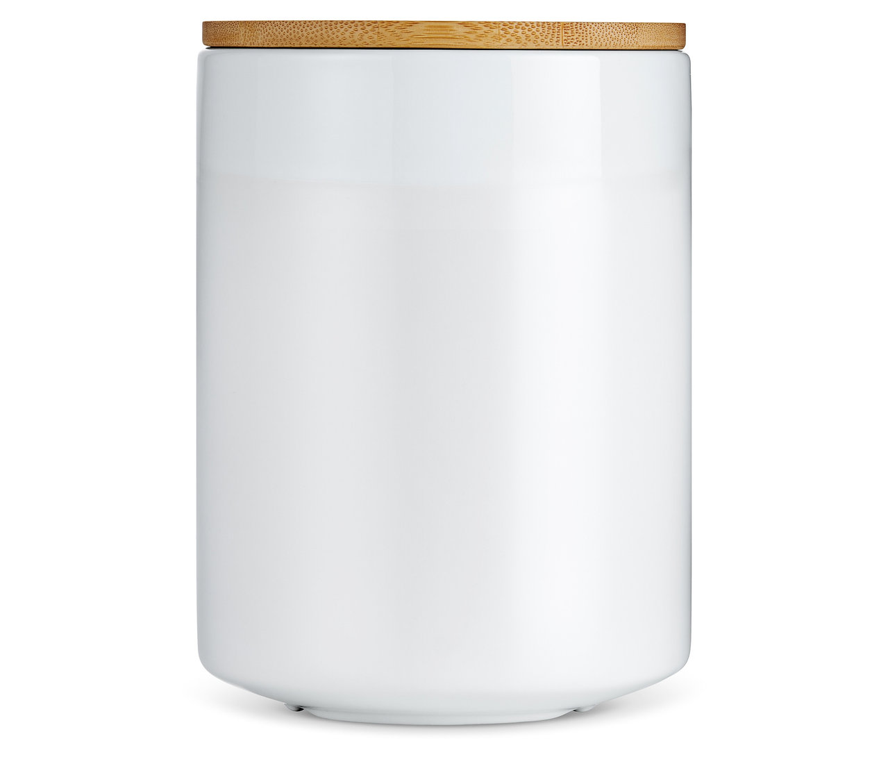 Weiße Kaffeedose aus Keramik mit Holzdeckel.