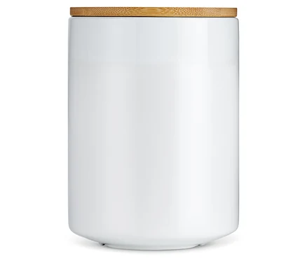Weiße Kaffeedose aus Keramik mit Holzdeckel.