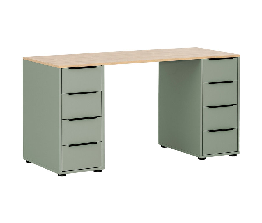 Pistazienfarbener Schreibtisch Elma mit fünf Schubladen auf beiden Seiten und einer hellen Holzplatte.