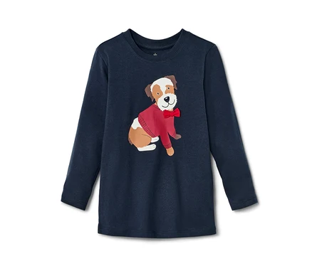 Dunkelblaues Kleinkinder-Langarmshirt mit einem Hund mit roter Fliege.