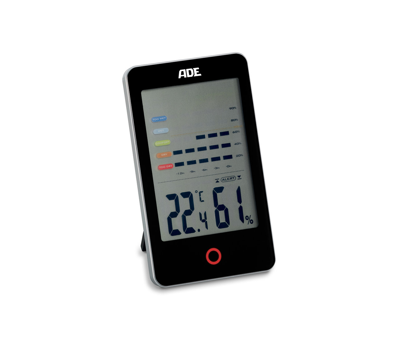 Ein schwarzes ADE Digitales Hygrometer mit Schimmelalarm zeigt 22,4 Grad Celsius und 61 % Luftfeuchtigkeit an.