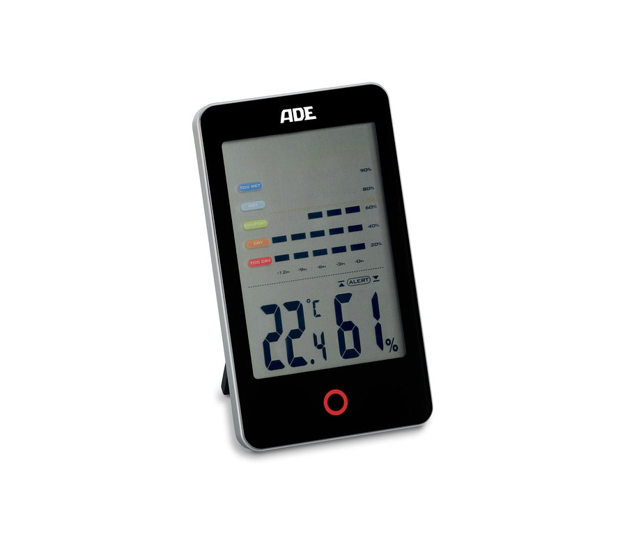 Ein schwarzes ADE Digitales Hygrometer mit Schimmelalarm zeigt 22,4 Grad Celsius und 61 % Luftfeuchtigkeit an.