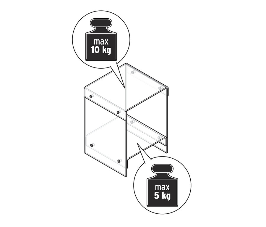 Eine schematische Darstellung eines Beistelltisches aus Acrylglas, maximale Belastung 10 kg auf der Oberseite und 5 kg auf der unteren Ablage.