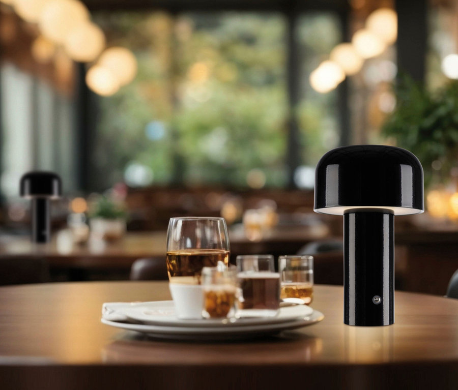 Auf einem Restauranttisch stehen Gläser mit Getränken und eine schwarze JUST LIGHT LED-Akkutischleuchte »Agnes«.