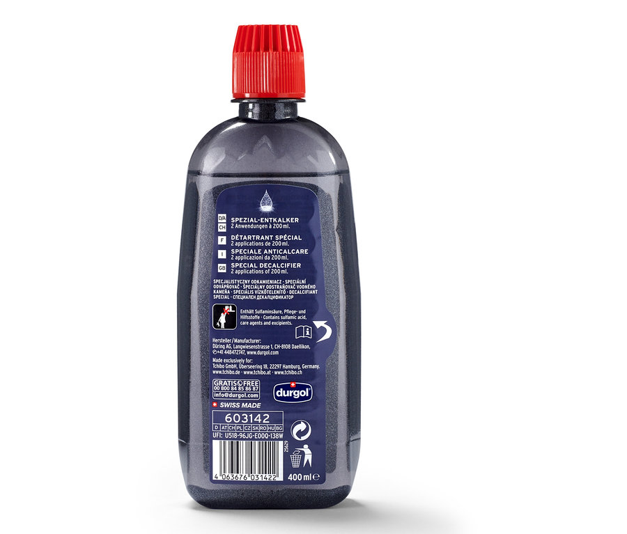 Eine Flasche durgol® Spezial-Entkalker, 400 ml, mit rotem Verschluss.