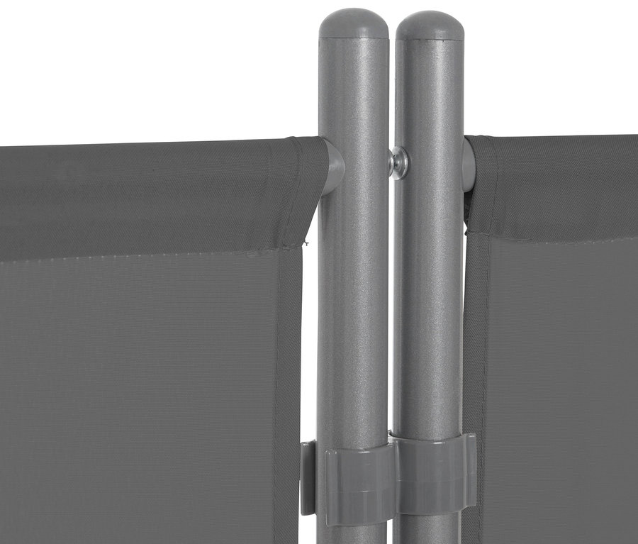 Detail einer anthrazitfarbenen, 3-teiligen Leco Stellwand mit silbernen Pfosten.