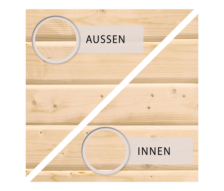 Karibu Sauna »Scarlett Plus«, Bio Holzwand mit Markierung der Außen- und Innenseite.