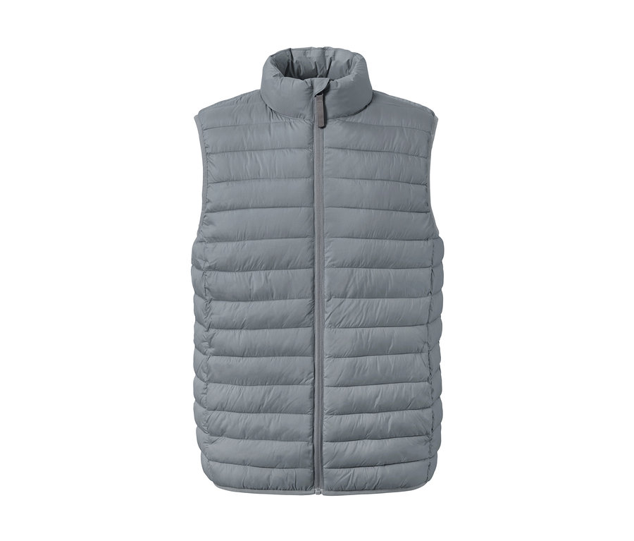 Graue verstaubare Steppweste mit Reißverschluss.
