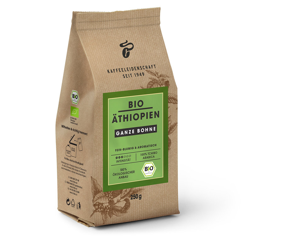 Eine Packung Bio Äthiopien - 250 g Ganze Bohne Kaffee steht aufrecht. Die Packung ist braun und hat ein grünes Etikett.