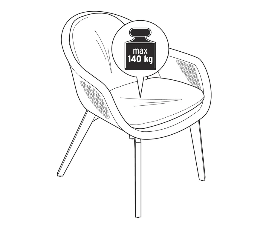 Illustration eines Premium-Schalenstuhls mit Polyrattangeflecht, maximale Belastbarkeit 140 kg.