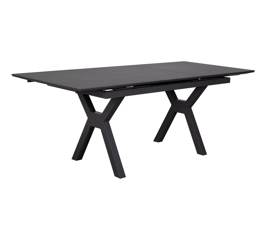 Grauer deVries Alu Ausziehtisch, 160/210, mit X-förmigen Beinen.