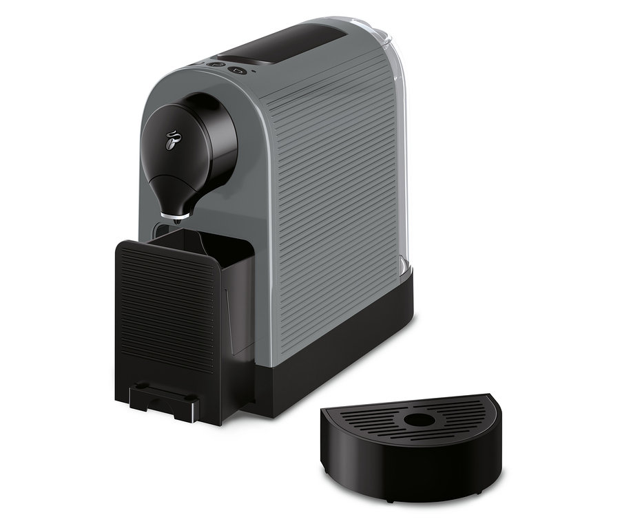 Ein grauer Cafissimo pure+ Kaffeeautomat mit abnehmbarer Tropfschale.