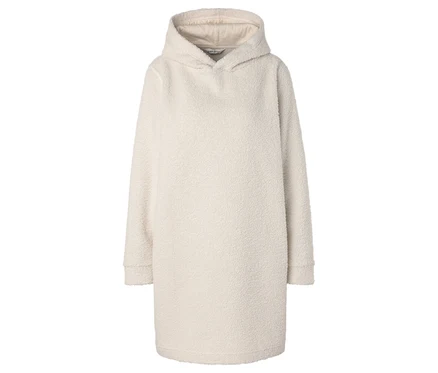 Cremefarbenes, flauschiges Kapuzenpullover-Kleid.