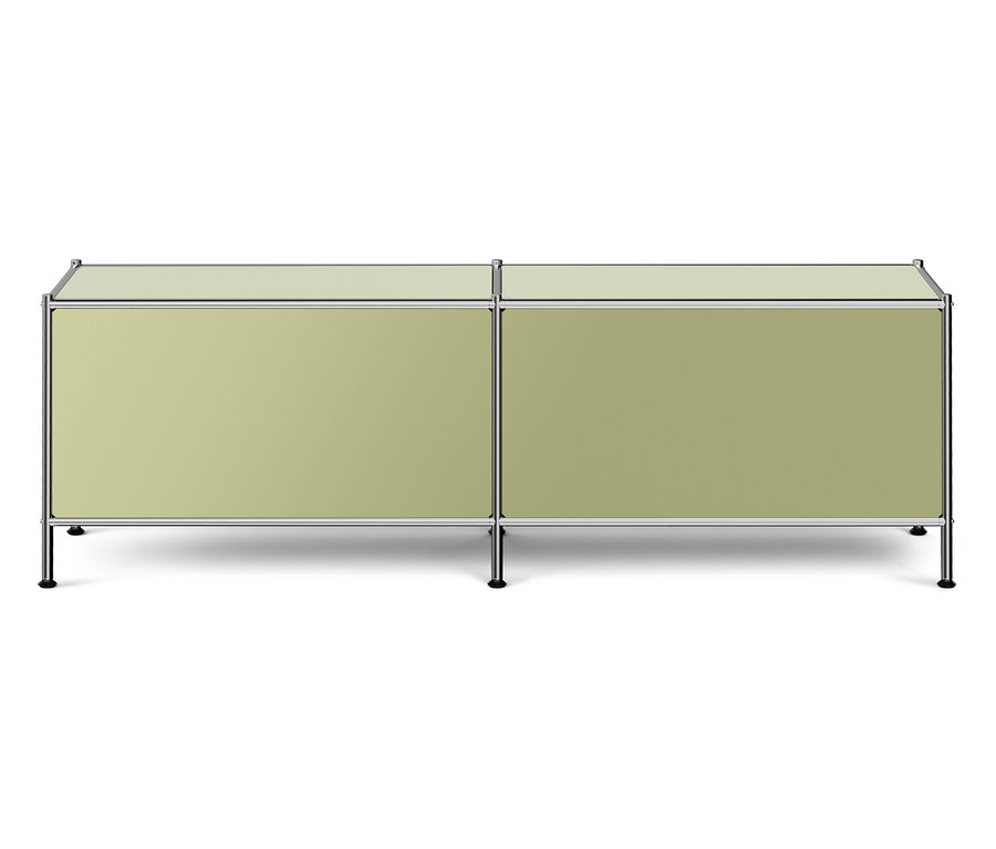 Zweiteiliger Schrank mit olivgrünen Paneelen und silbernem Rahmen.