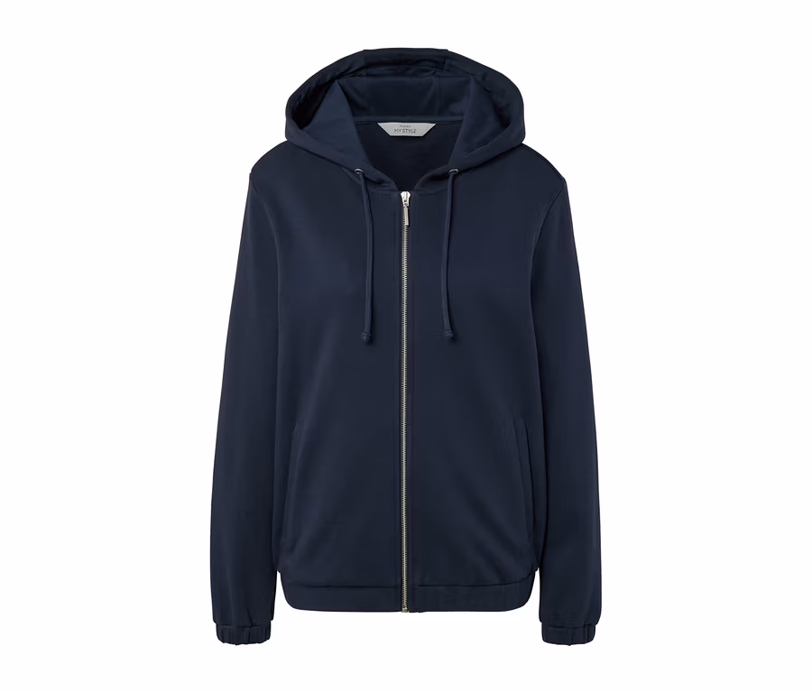Dunkelblaue Sweatjacke mit Reißverschluss und Kapuze.