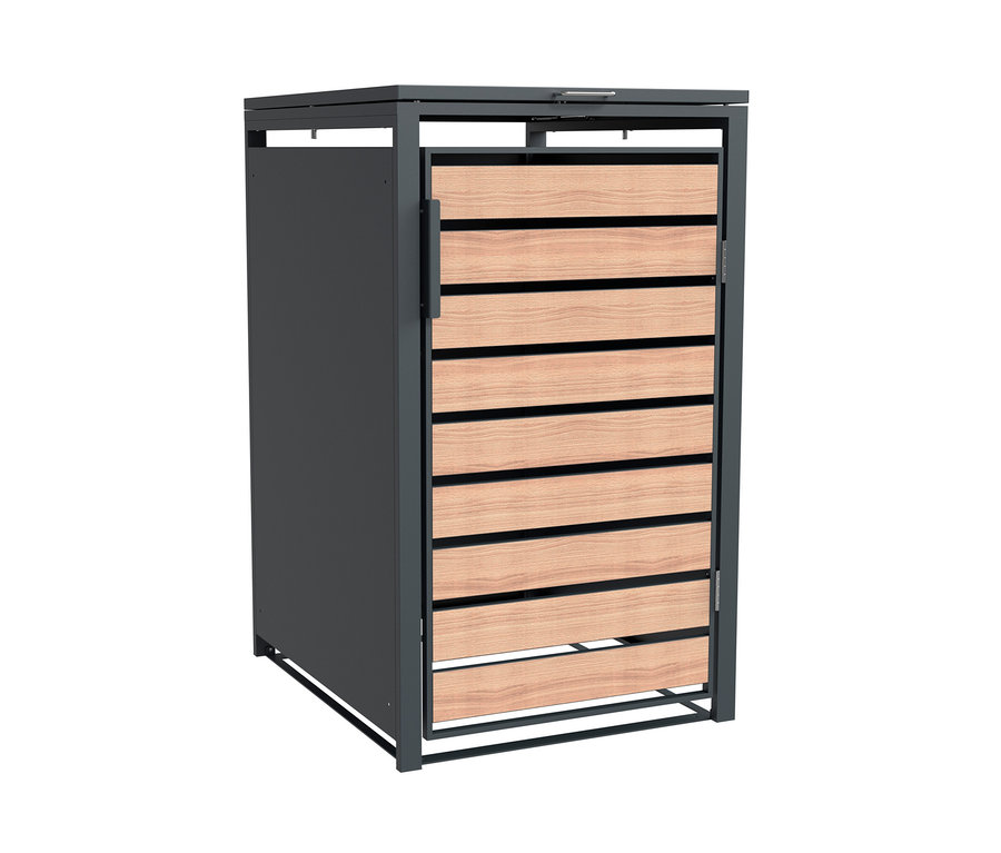 Eine Mülltonnenbox, 5er, mit Metallrahmen und Holzverkleidung.