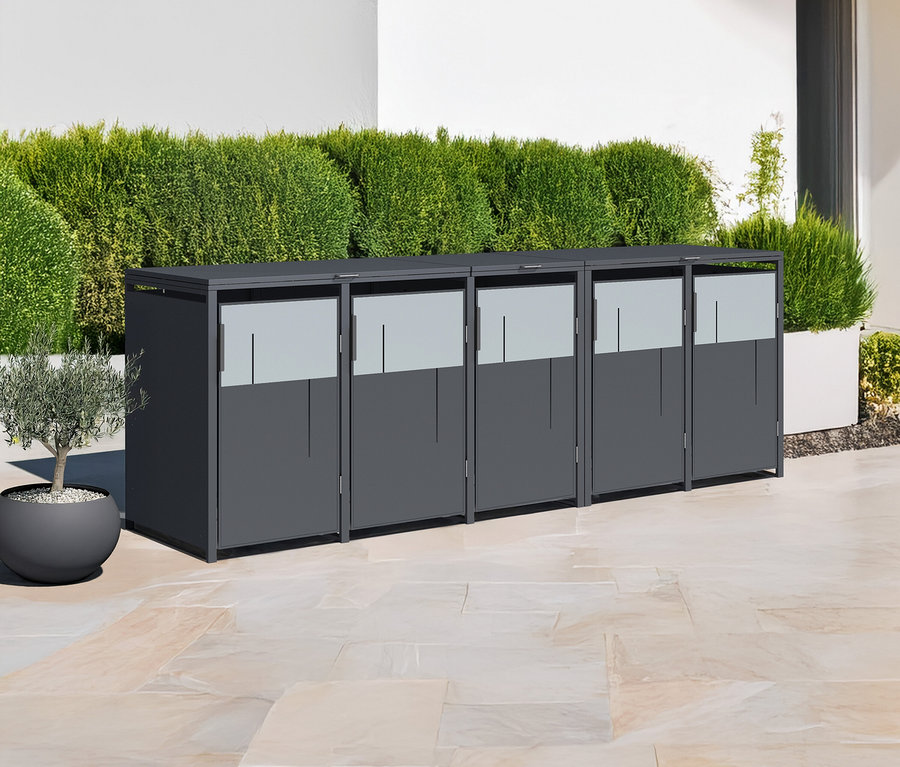 Vier graue Mülltonnenboxen mit halbtransparenten Glasoberteilen.