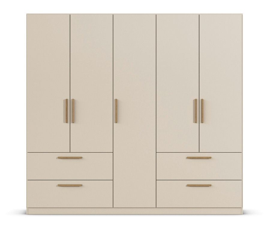Beiger Schrank mit sechs Türen und vier Schubladen.
