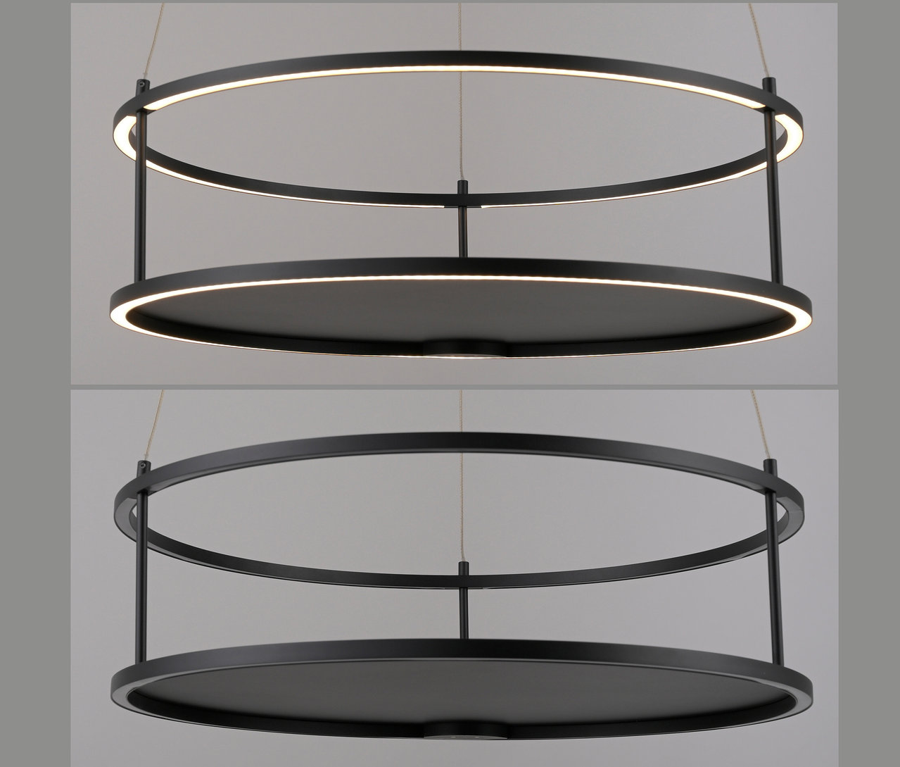 Zwei schwarze, kreisförmige Kronleuchter, der obere ist beleuchtet, der untere nicht.