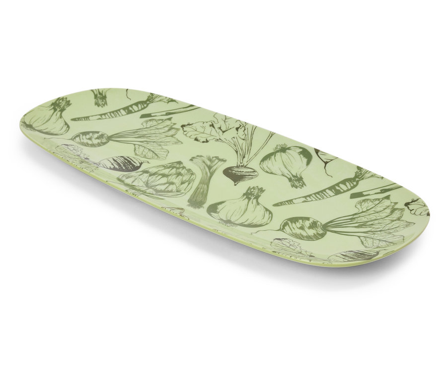 Grünes Tablett mit Gemüsezeichnungen.