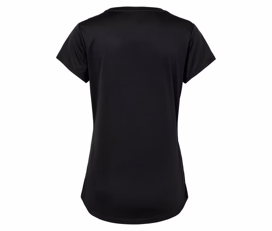 Schwarzes Kurzarm-T-Shirt, Rückansicht.