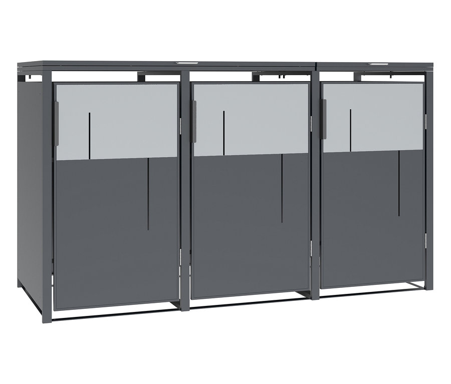 Drei graue Mülltonnen zur Mülltrennung nebeneinander in einer Reihe.