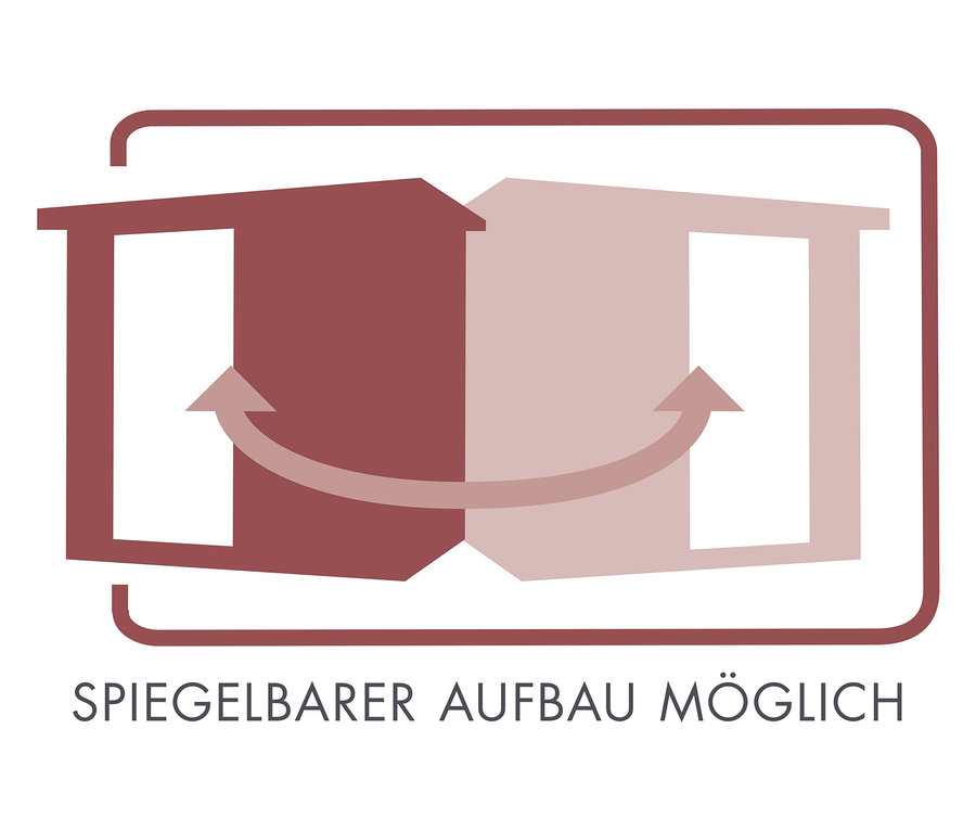 Diagramm zeigt ein Spiegelbild eines Gebäudes mit dem Text "SPIEGELBARER AUFBAU MÖGLICH".