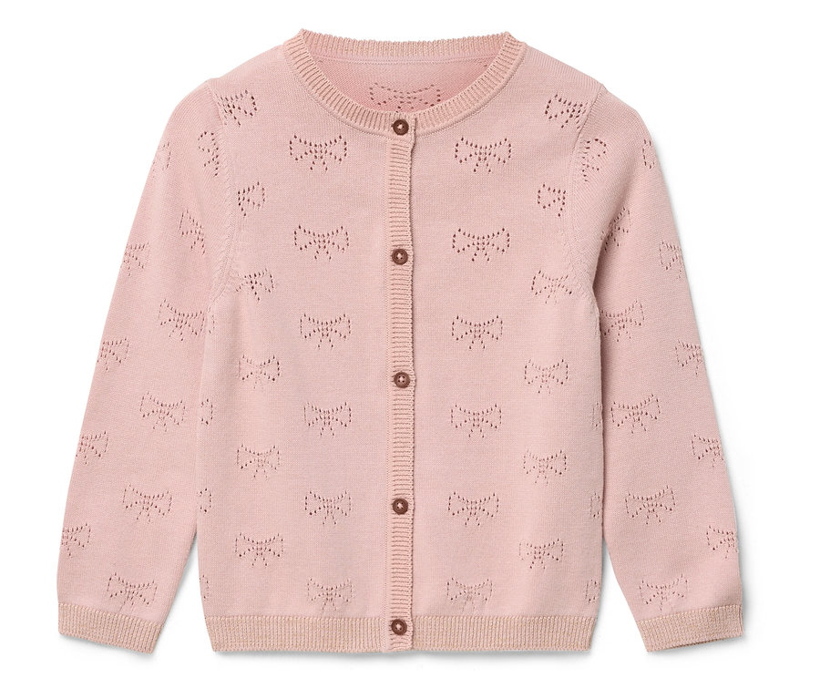 Rosa Strickjacke mit Schleifenmuster.