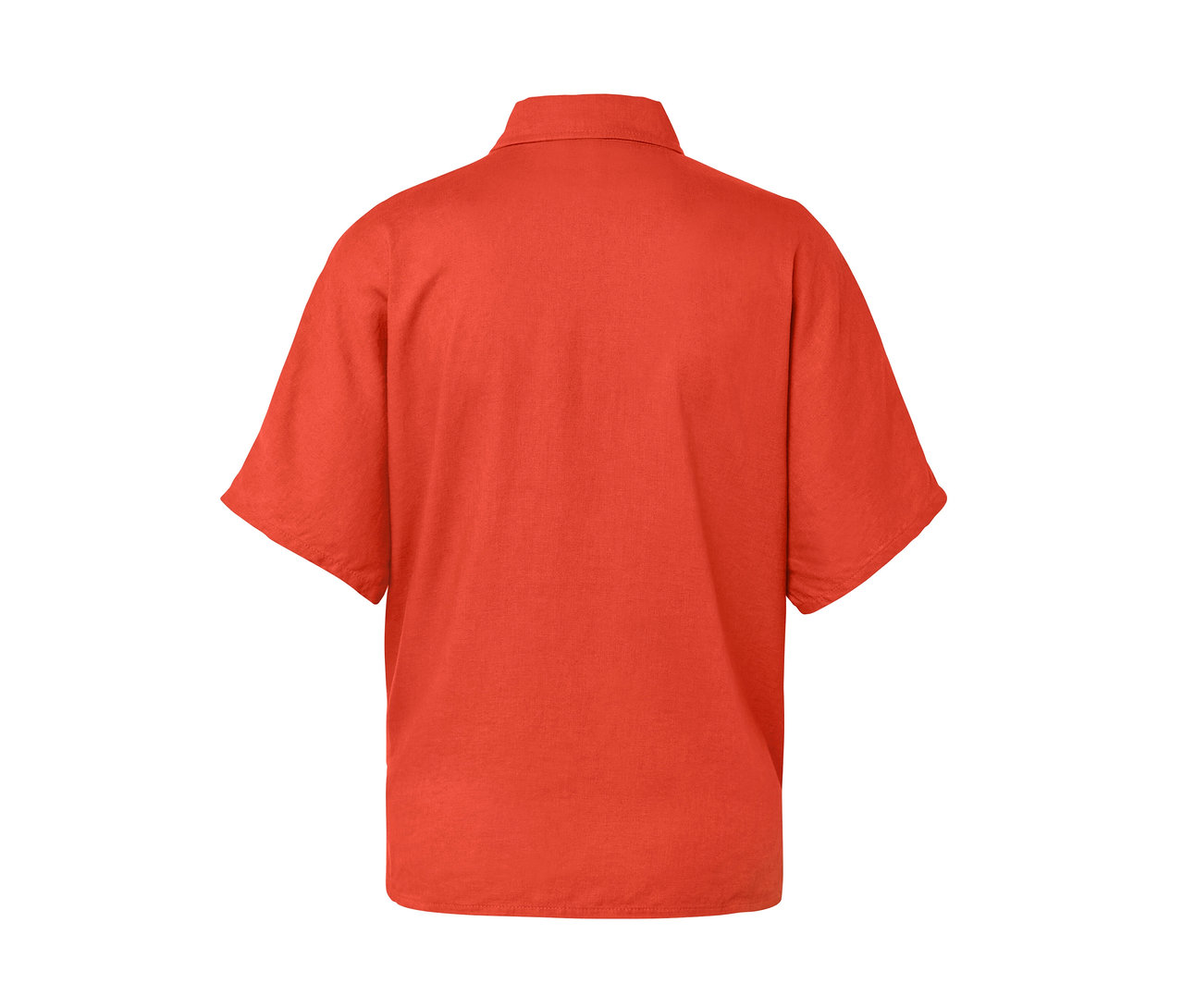 Detailansicht der Rückseite einer orangefarbenen Leinenbluse.