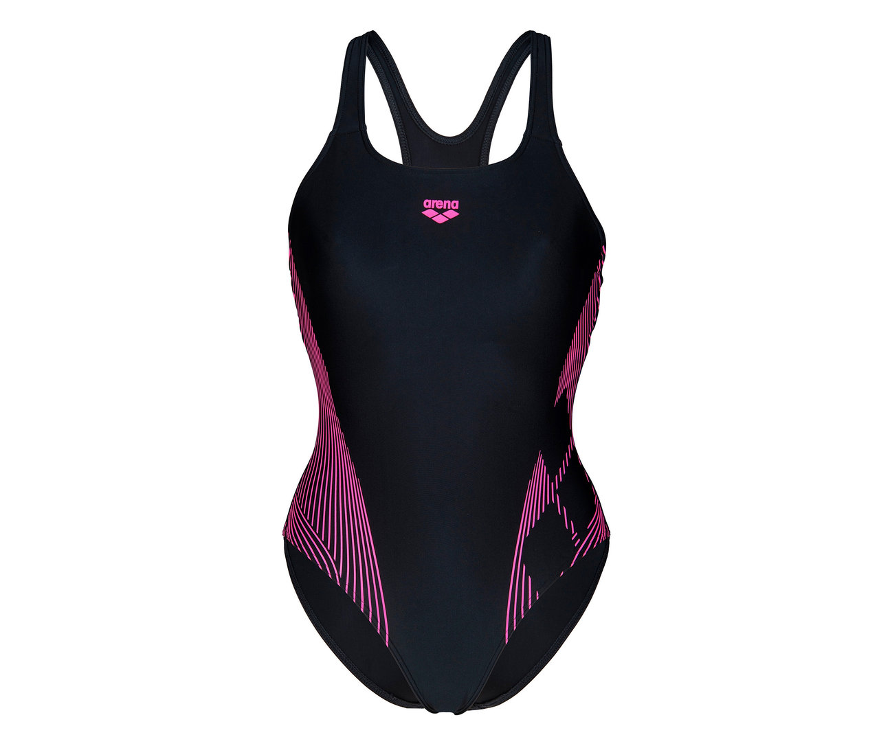 Schwarzer arena Feel Damen Badeanzug Lily Swim Pro Back Bustier mit pinken Details.