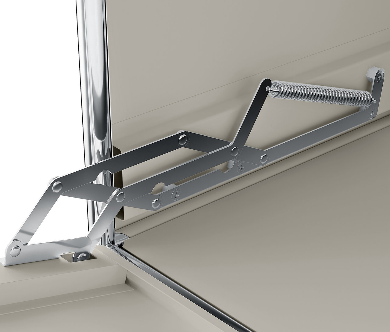 Detail eines silbernen Mechanismus mit Feder, der an einem beigen Schrank befestigt ist.